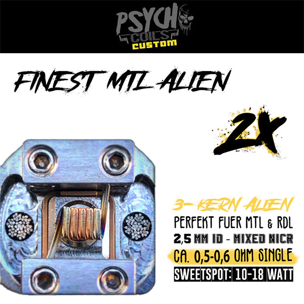 Psycho Coils - Finest MTL Coil - 3-Kern Alien - 2,5mm - Mixed NICR - 0,5-0,6Ohm Single - 10-18W -